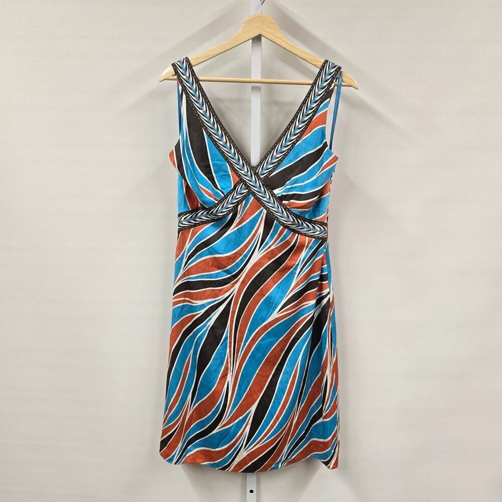 Elie Tahari Silk Blend Abstract Geometric V-Neck Sleevelessโ Dress Blue Orange 6
